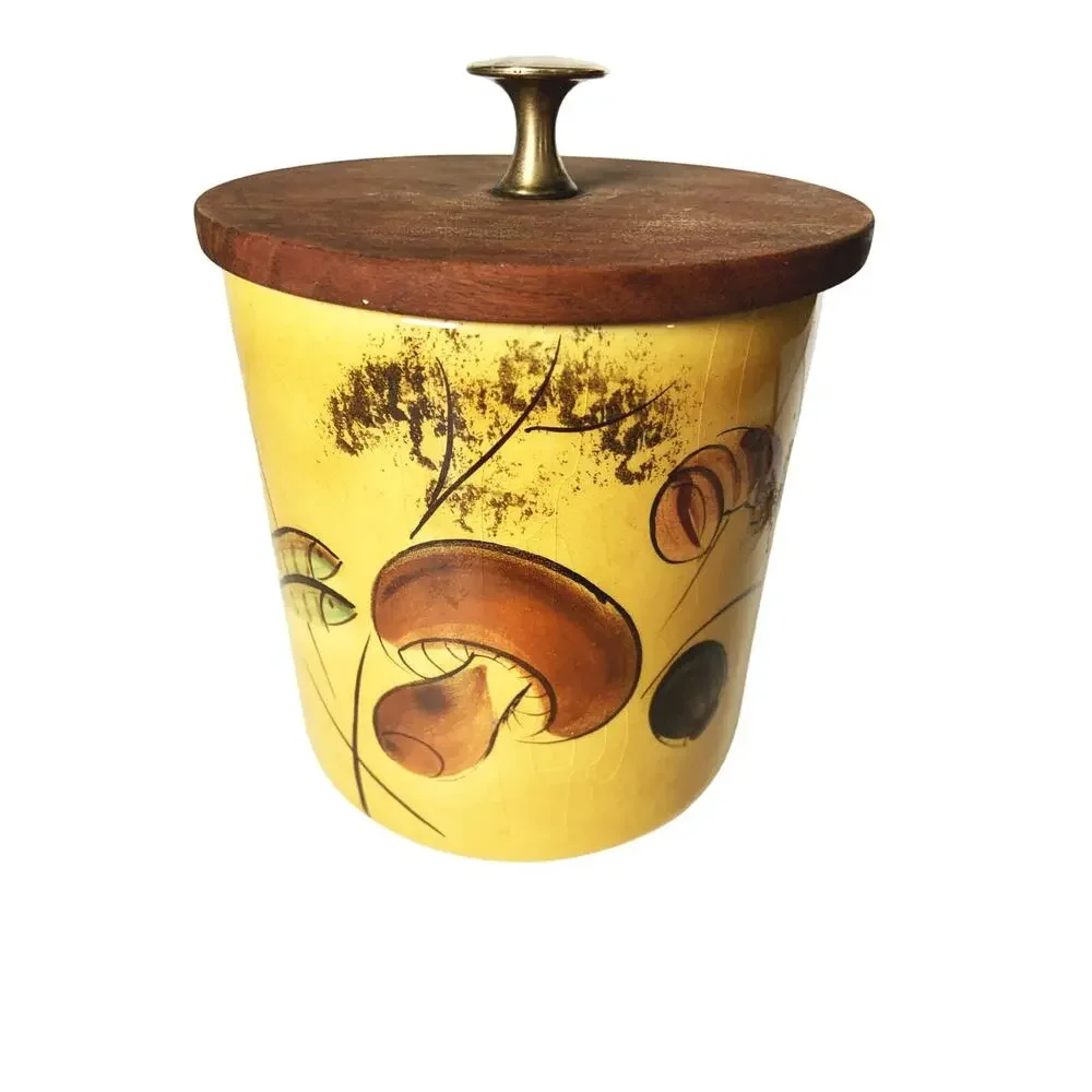 Vintage 70s Mushroom Glass Jar with Wooden Lid
